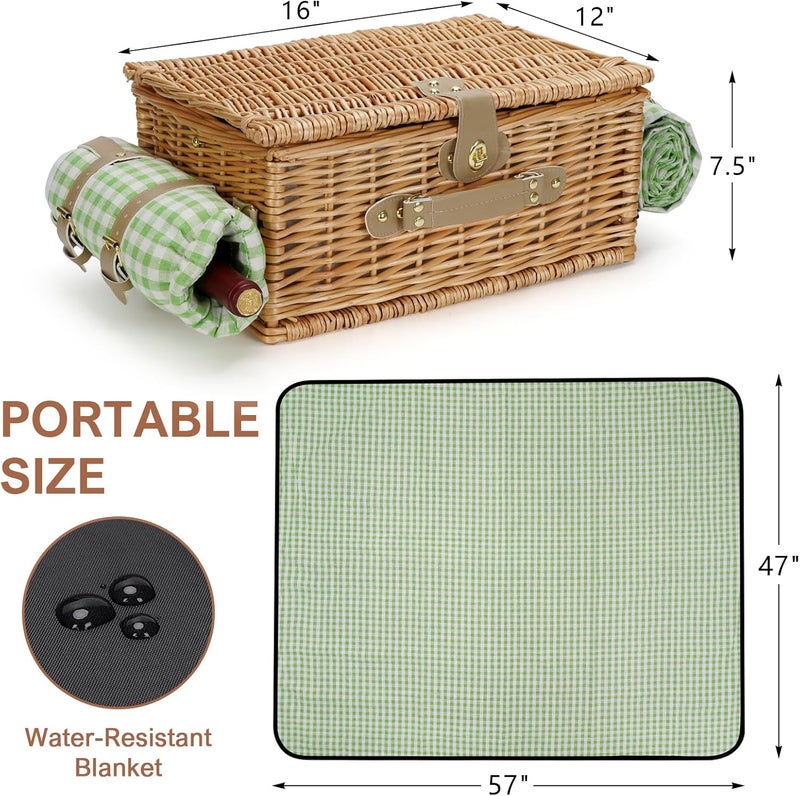 WILLOW WEAVE Picnic Basket for 2, Insulated Willow Picnic Baskets with Shoulder Strap, Picnic Hamper with Waterproof Picnic Blanket, Handmade Wicker Hamper for Outdoor Camping, Green Check - Image 3